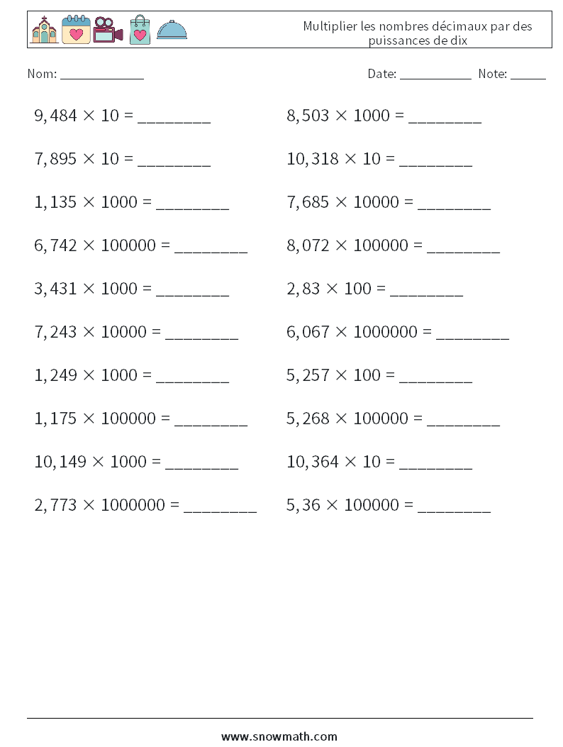 Multiplier les nombres décimaux par des puissances de dix Fiches d'Exercices de Mathématiques 6