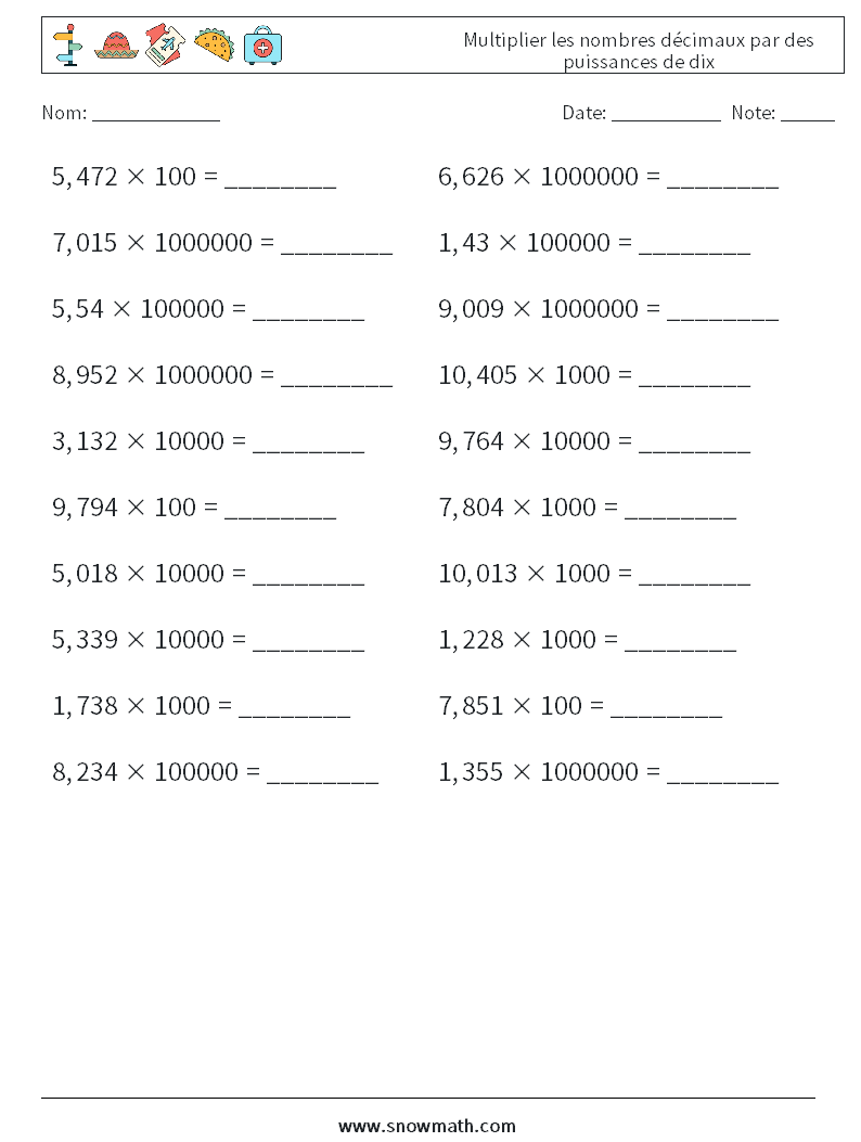 Multiplier les nombres décimaux par des puissances de dix Fiches d'Exercices de Mathématiques 7