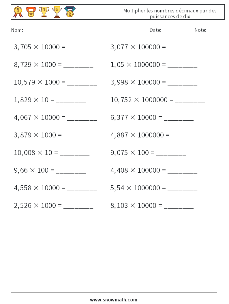 Multiplier les nombres décimaux par des puissances de dix Fiches d'Exercices de Mathématiques 8