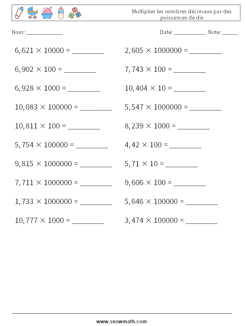 Multiplier les nombres décimaux par des puissances de dix Fiches d'Exercices de Mathématiques 9
