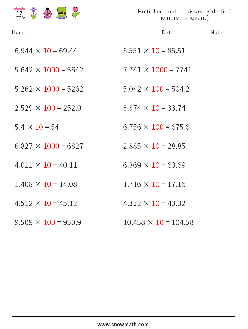 Multiplier par des puissances de dix ( nombre manquant ) Fiches d'Exercices de Mathématiques 10 Question, Réponse