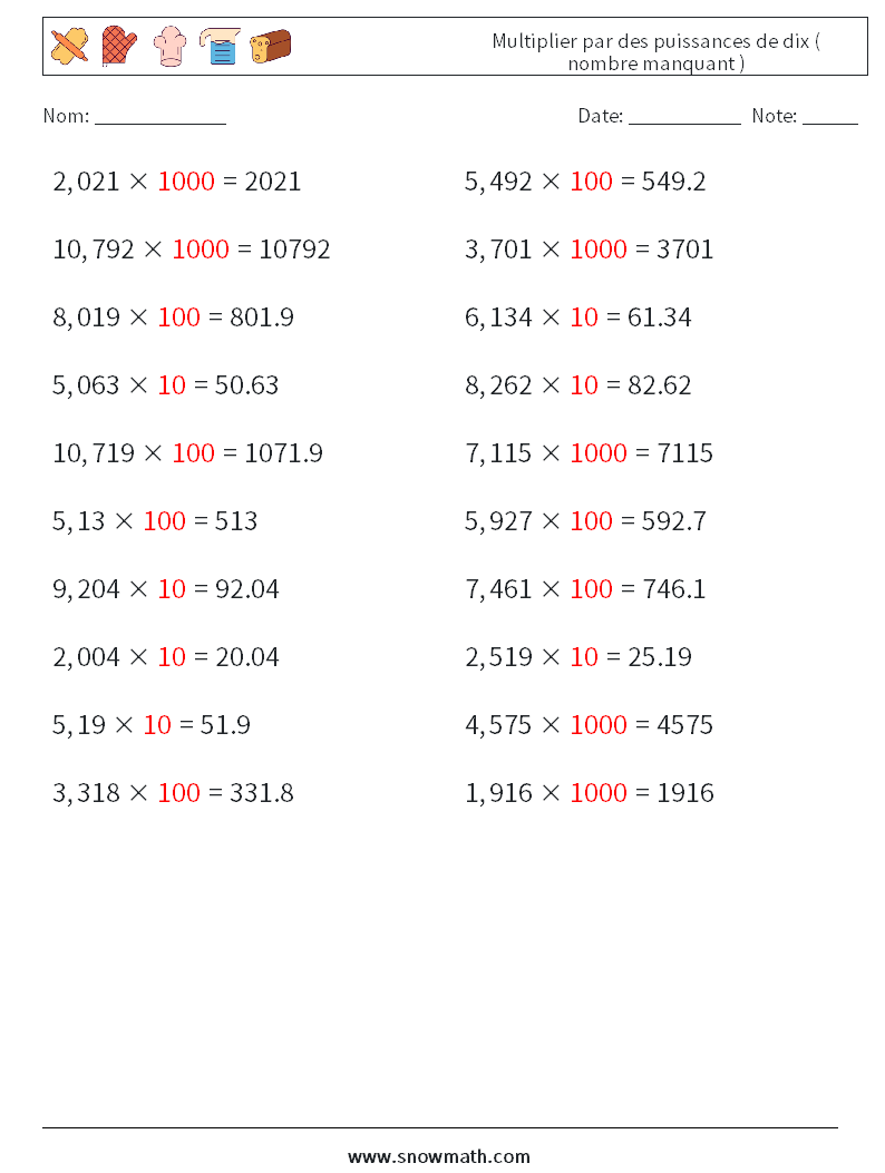 Multiplier par des puissances de dix ( nombre manquant ) Fiches d'Exercices de Mathématiques 15 Question, Réponse