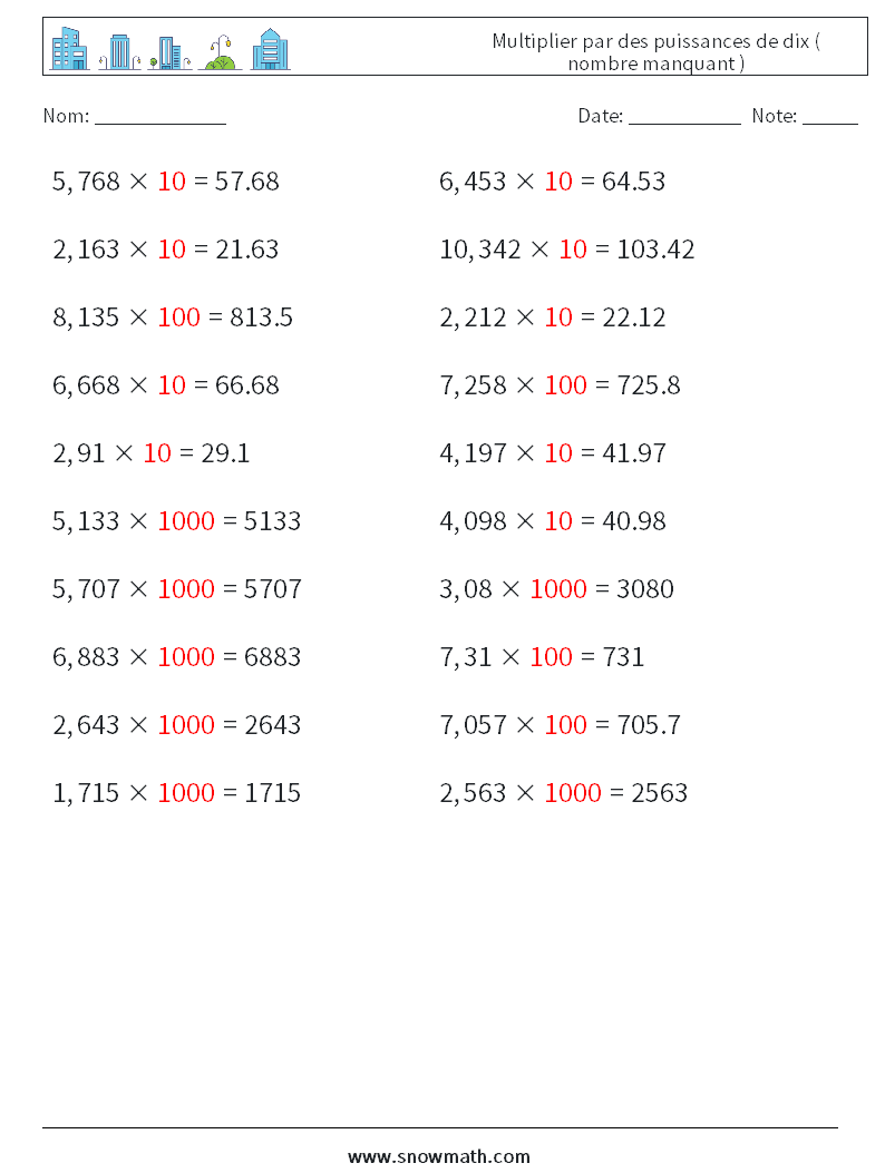 Multiplier par des puissances de dix ( nombre manquant ) Fiches d'Exercices de Mathématiques 17 Question, Réponse