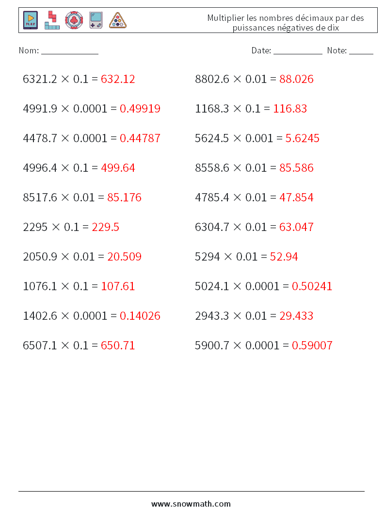 Multiplier les nombres décimaux par des puissances négatives de dix Fiches d'Exercices de Mathématiques 10 Question, Réponse