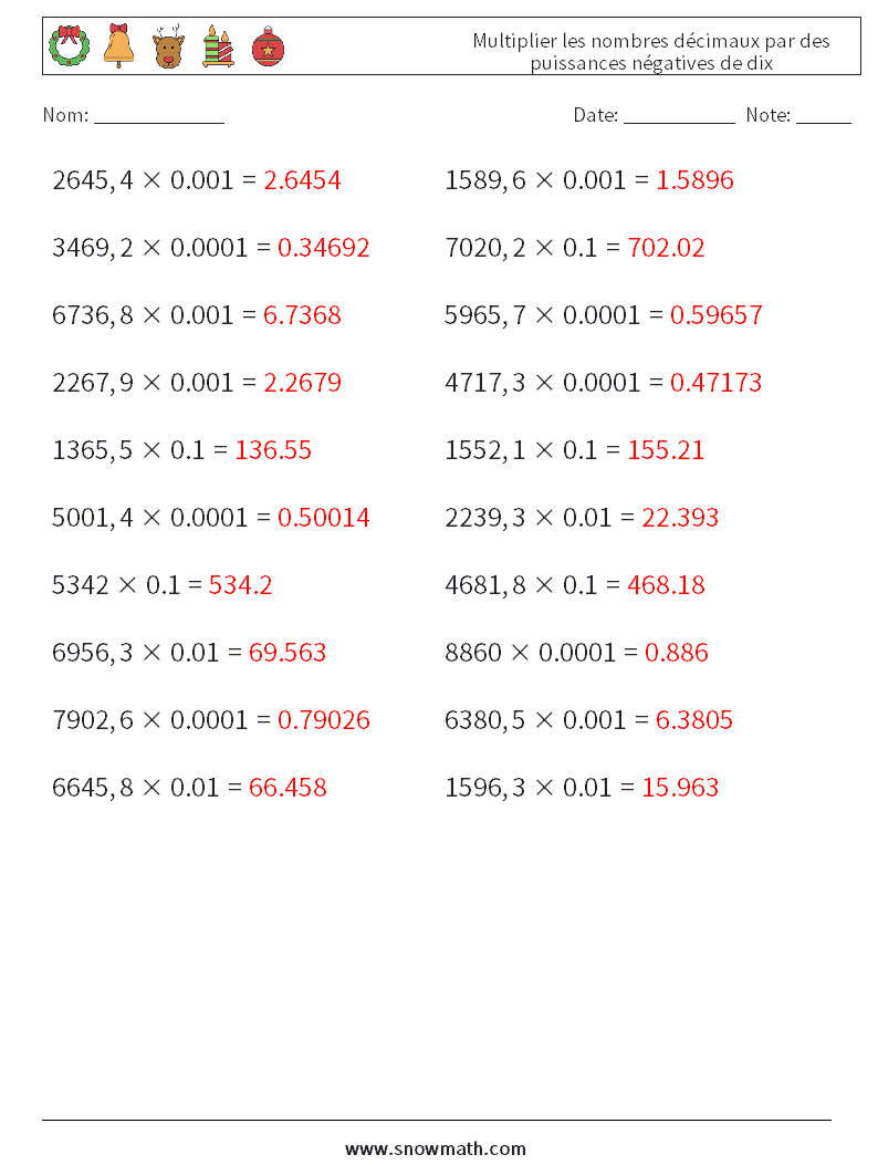 Multiplier les nombres décimaux par des puissances négatives de dix Fiches d'Exercices de Mathématiques 11 Question, Réponse