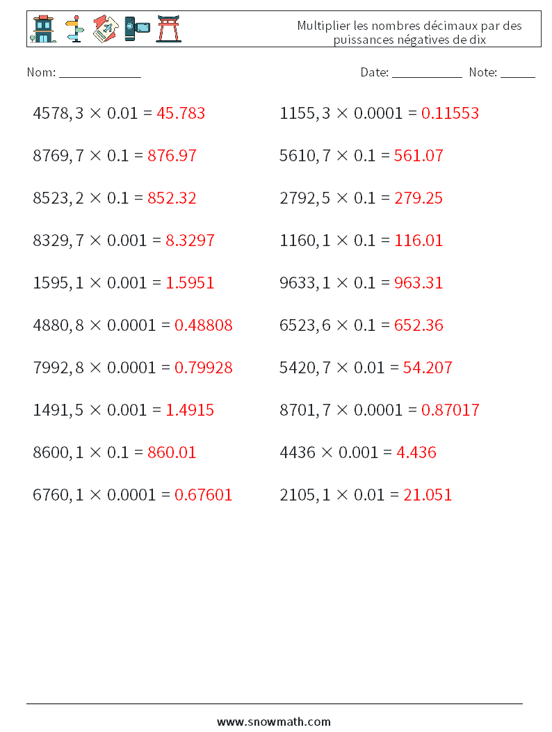 Multiplier les nombres décimaux par des puissances négatives de dix Fiches d'Exercices de Mathématiques 13 Question, Réponse