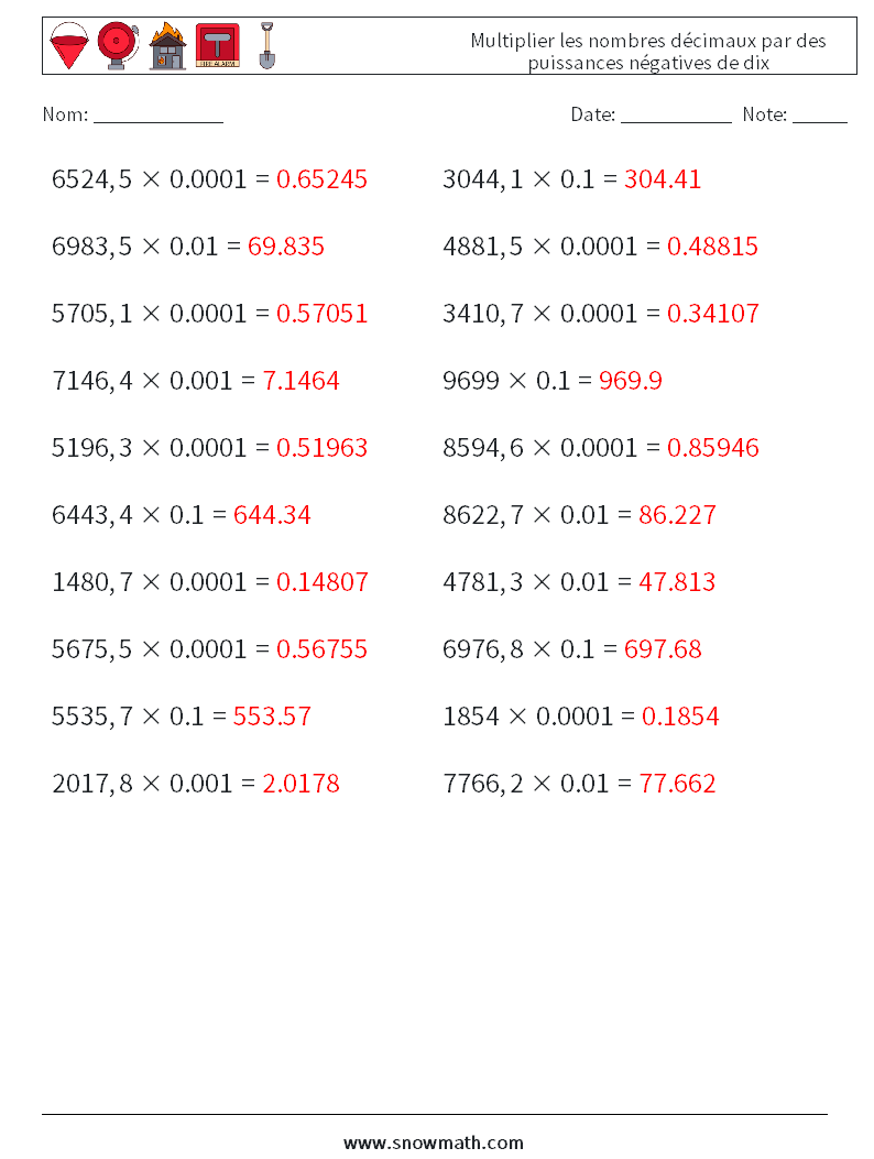 Multiplier les nombres décimaux par des puissances négatives de dix Fiches d'Exercices de Mathématiques 15 Question, Réponse