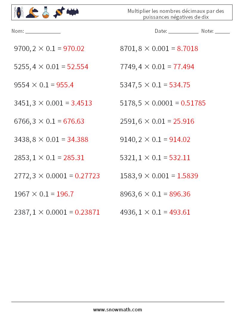 Multiplier les nombres décimaux par des puissances négatives de dix Fiches d'Exercices de Mathématiques 17 Question, Réponse