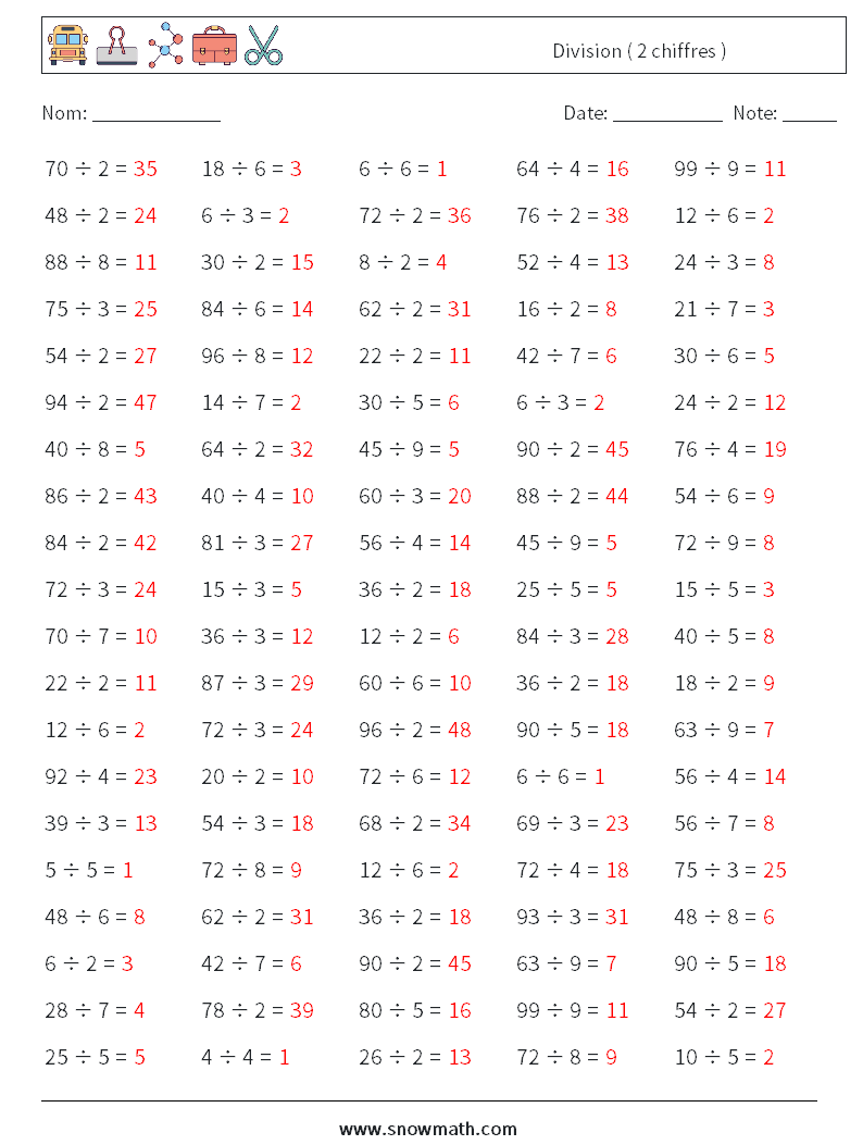 (100) Division ( 2 chiffres ) Fiches d'Exercices de Mathématiques 1 Question, Réponse