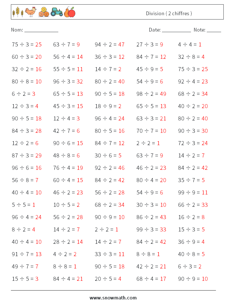 (100) Division ( 2 chiffres ) Fiches d'Exercices de Mathématiques 2 Question, Réponse