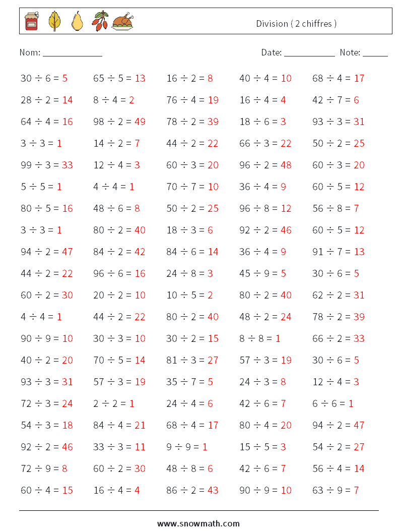 (100) Division ( 2 chiffres ) Fiches d'Exercices de Mathématiques 3 Question, Réponse