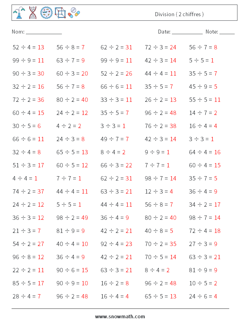 (100) Division ( 2 chiffres ) Fiches d'Exercices de Mathématiques 4 Question, Réponse