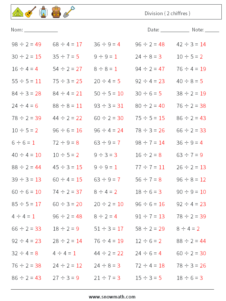 (100) Division ( 2 chiffres ) Fiches d'Exercices de Mathématiques 5 Question, Réponse