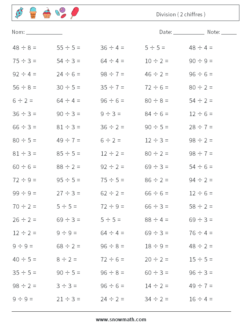 (100) Division ( 2 chiffres ) Fiches d'Exercices de Mathématiques 6