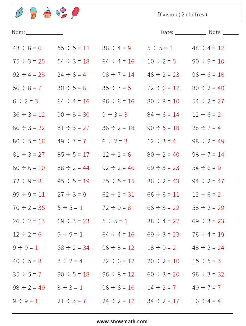 (100) Division ( 2 chiffres ) Fiches d'Exercices de Mathématiques 6 Question, Réponse
