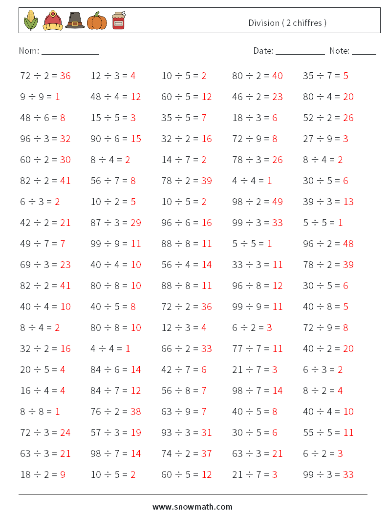 (100) Division ( 2 chiffres ) Fiches d'Exercices de Mathématiques 7 Question, Réponse