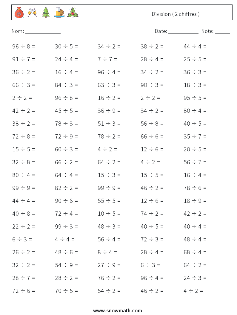 (100) Division ( 2 chiffres ) Fiches d'Exercices de Mathématiques 8