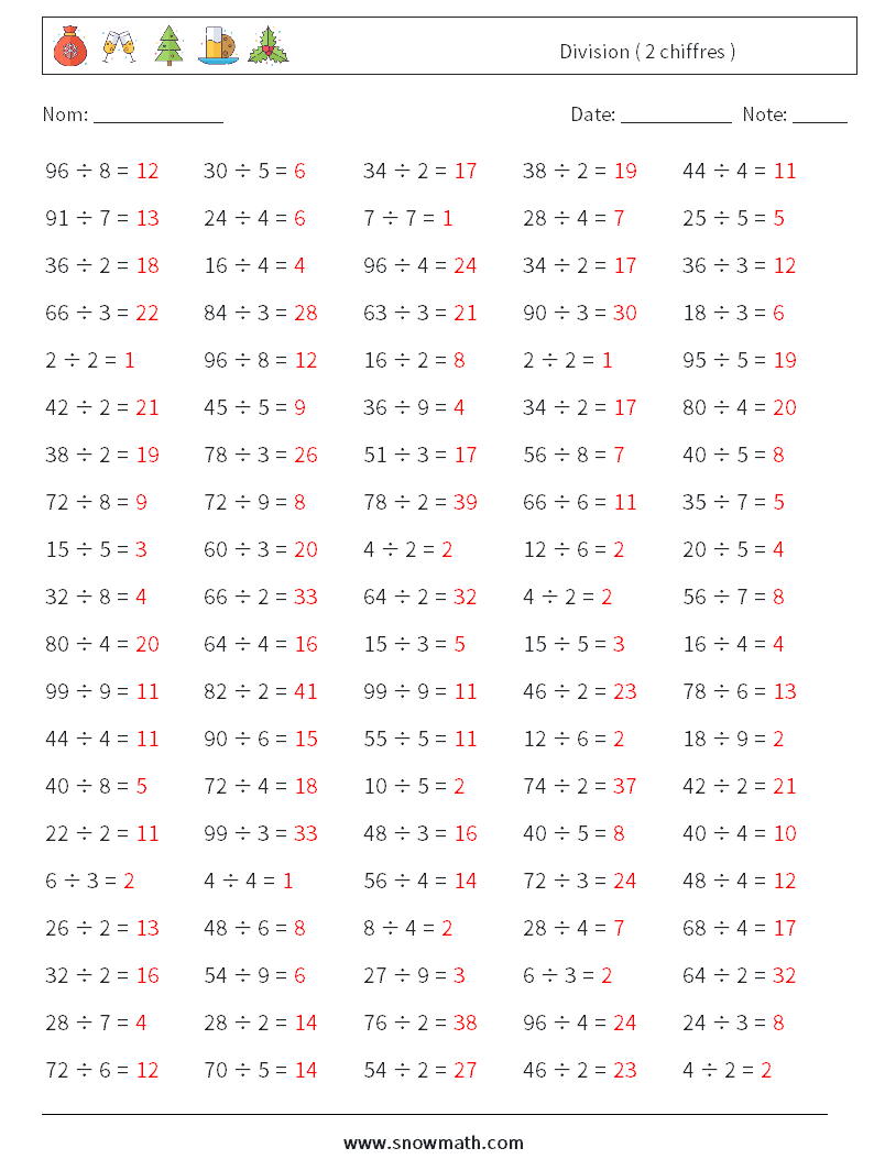 (100) Division ( 2 chiffres ) Fiches d'Exercices de Mathématiques 8 Question, Réponse