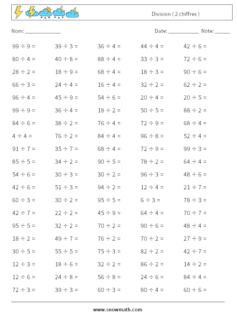 (100) Division ( 2 chiffres ) Fiches d'Exercices de Mathématiques 9