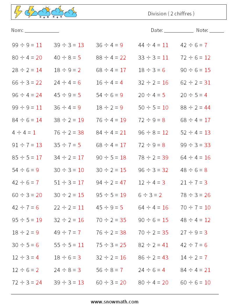 (100) Division ( 2 chiffres ) Fiches d'Exercices de Mathématiques 9 Question, Réponse