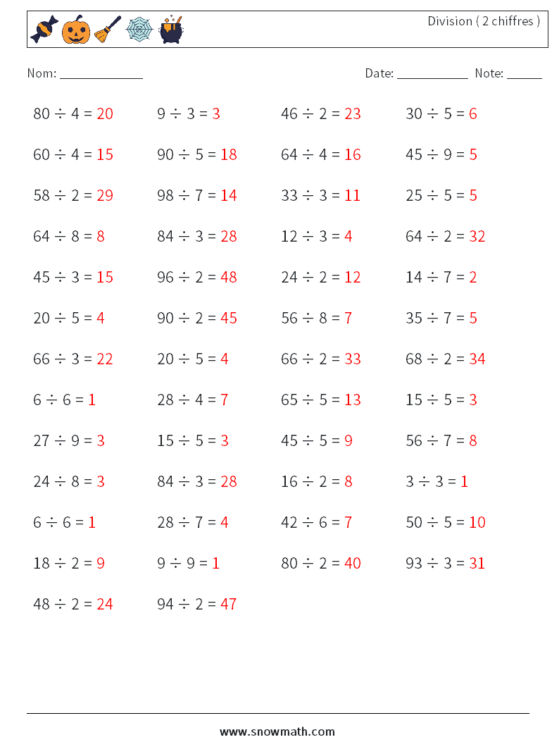 (50) Division ( 2 chiffres ) Fiches d'Exercices de Mathématiques 2 Question, Réponse