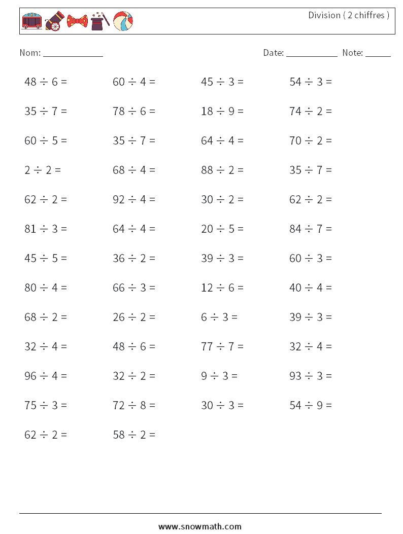 (50) Division ( 2 chiffres ) Fiches d'Exercices de Mathématiques 3
