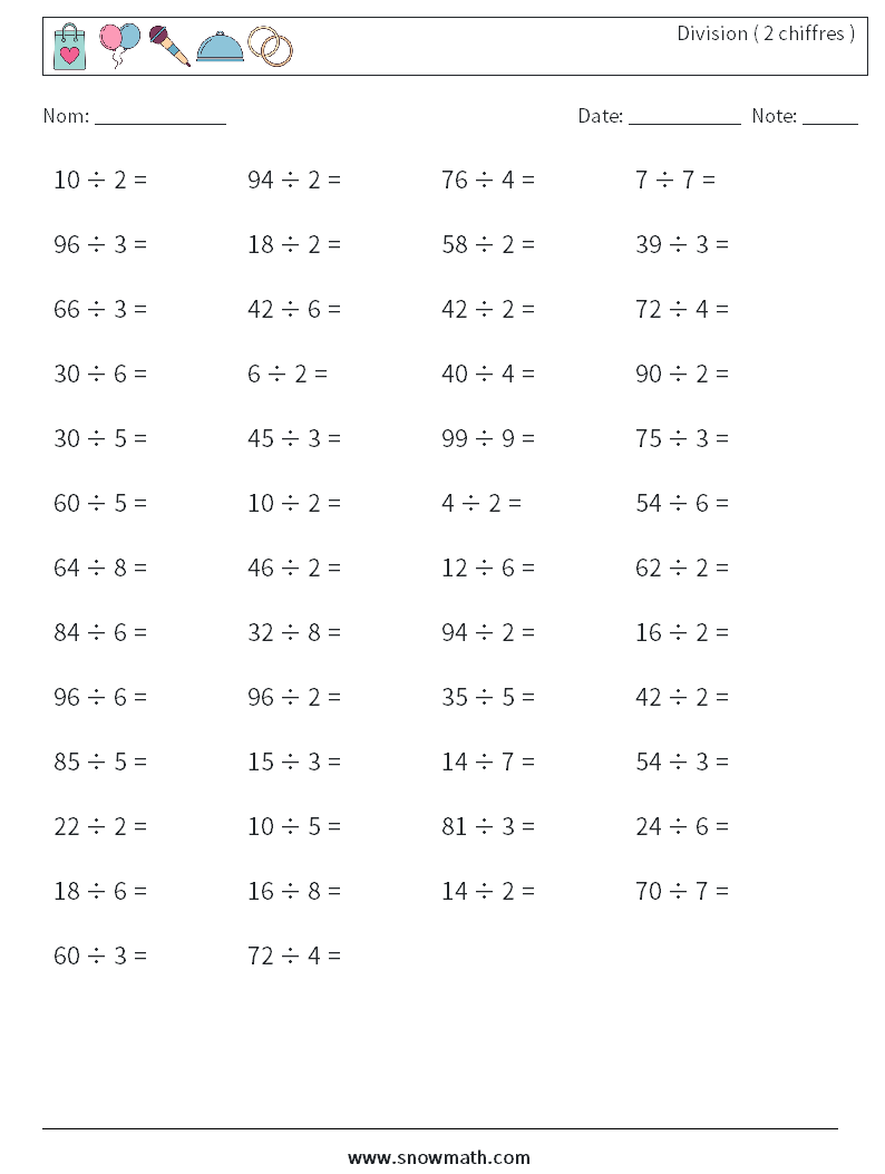 (50) Division ( 2 chiffres ) Fiches d'Exercices de Mathématiques 4