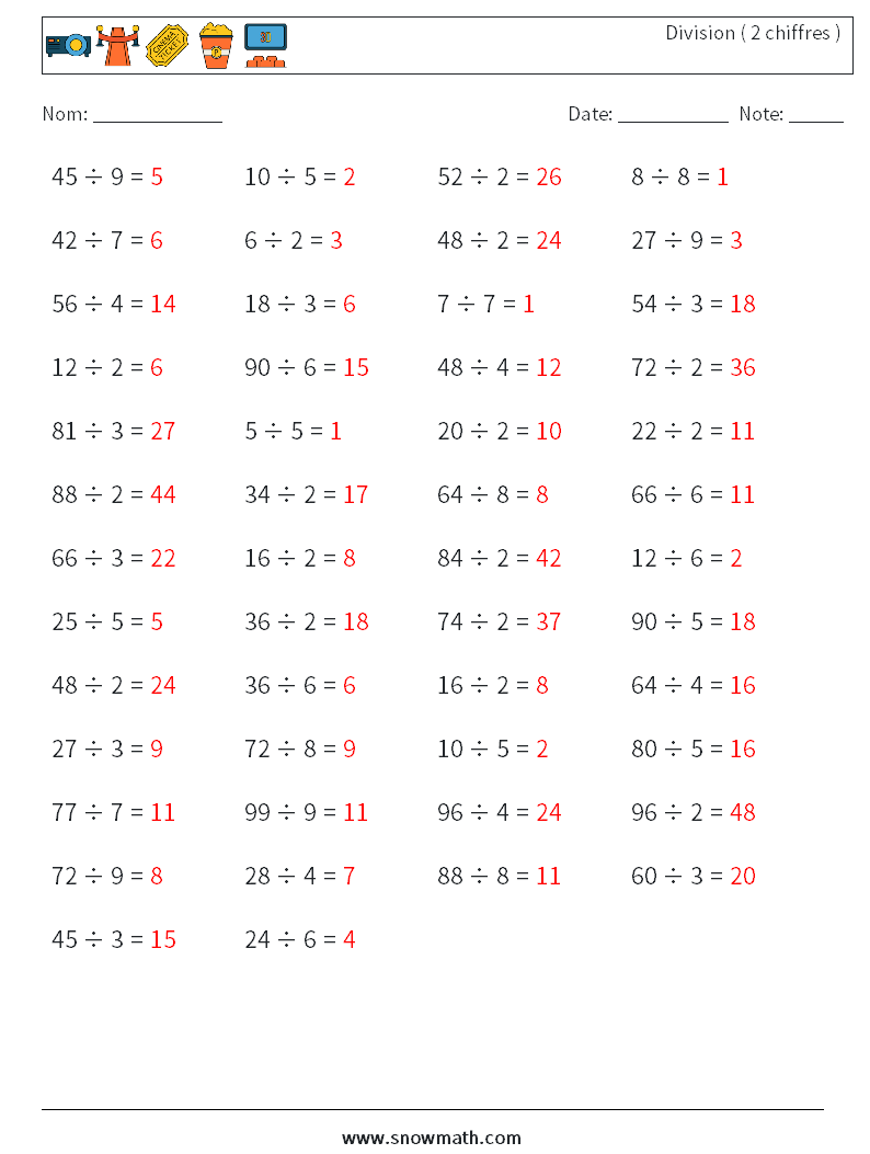 (50) Division ( 2 chiffres ) Fiches d'Exercices de Mathématiques 5 Question, Réponse