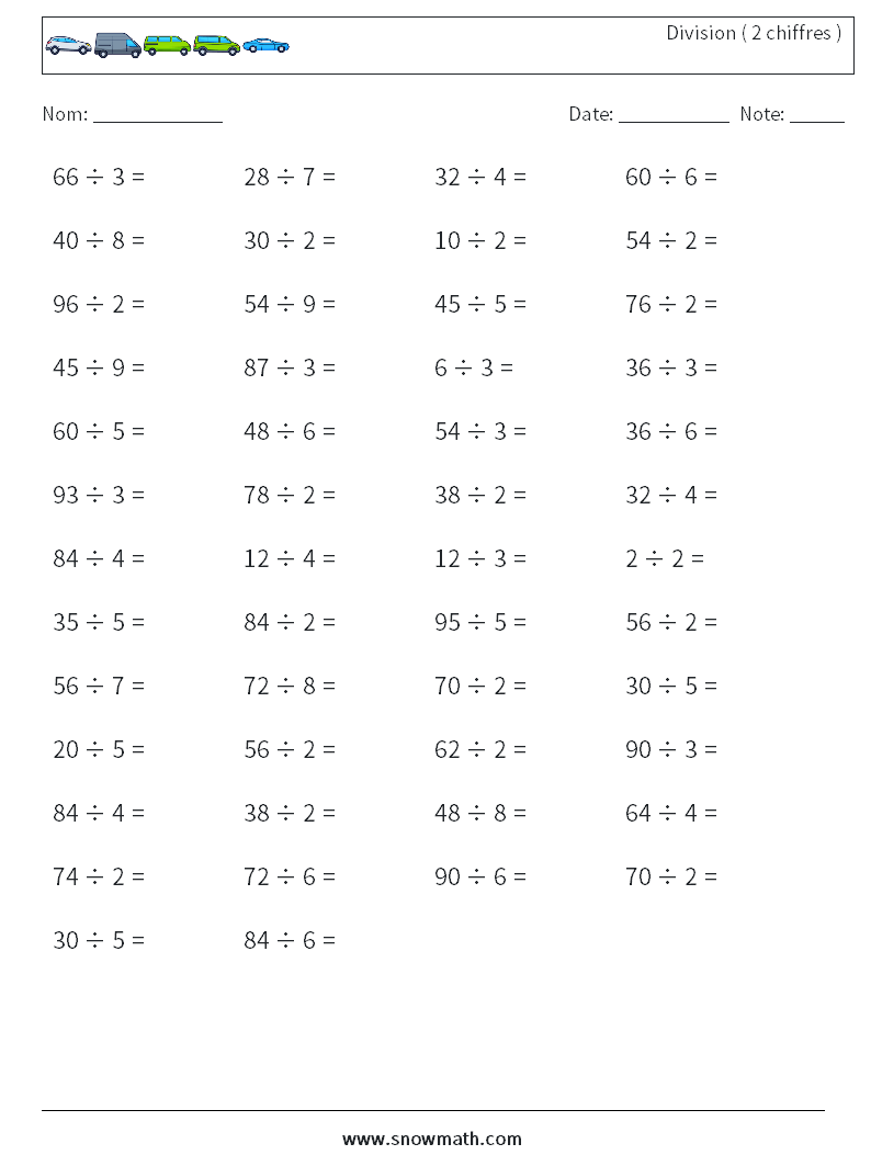 (50) Division ( 2 chiffres ) Fiches d'Exercices de Mathématiques 6