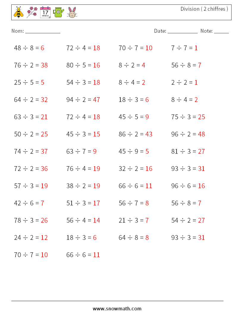 (50) Division ( 2 chiffres ) Fiches d'Exercices de Mathématiques 8 Question, Réponse