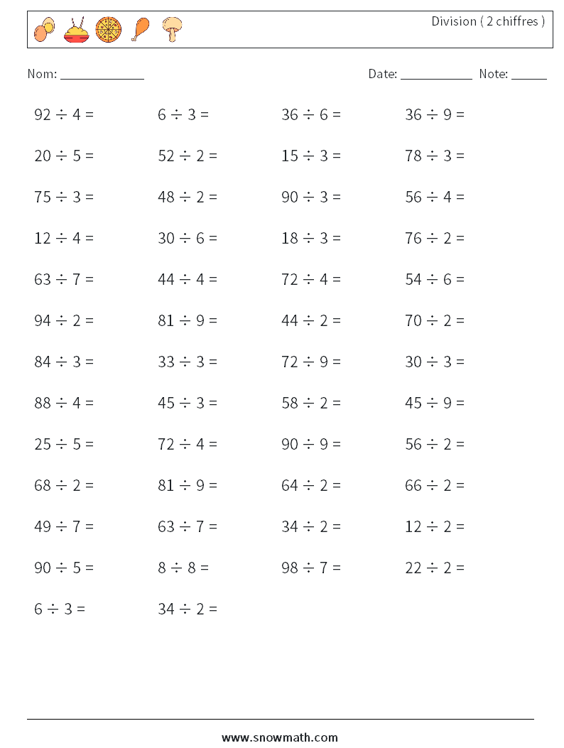 (50) Division ( 2 chiffres ) Fiches d'Exercices de Mathématiques 9