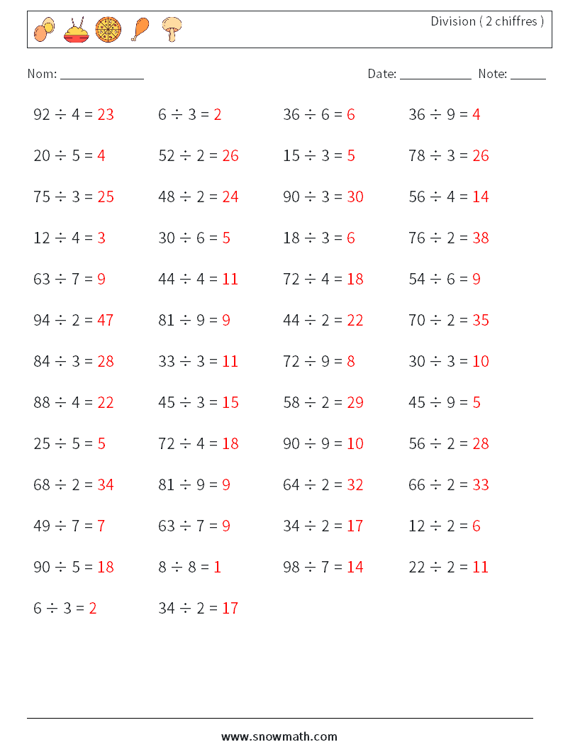 (50) Division ( 2 chiffres ) Fiches d'Exercices de Mathématiques 9 Question, Réponse