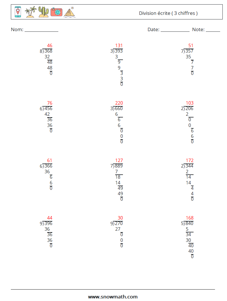 (12) Division écrite ( 3 chiffres ) Fiches d'Exercices de Mathématiques 16 Question, Réponse