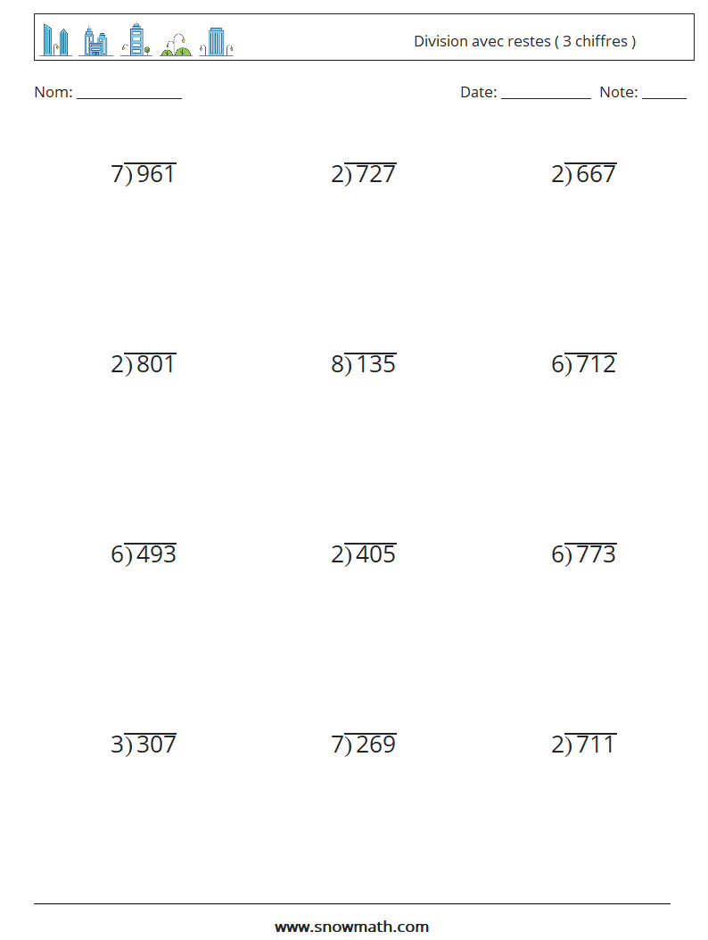 (12) Division avec restes ( 3 chiffres ) Fiches d'Exercices de Mathématiques 10