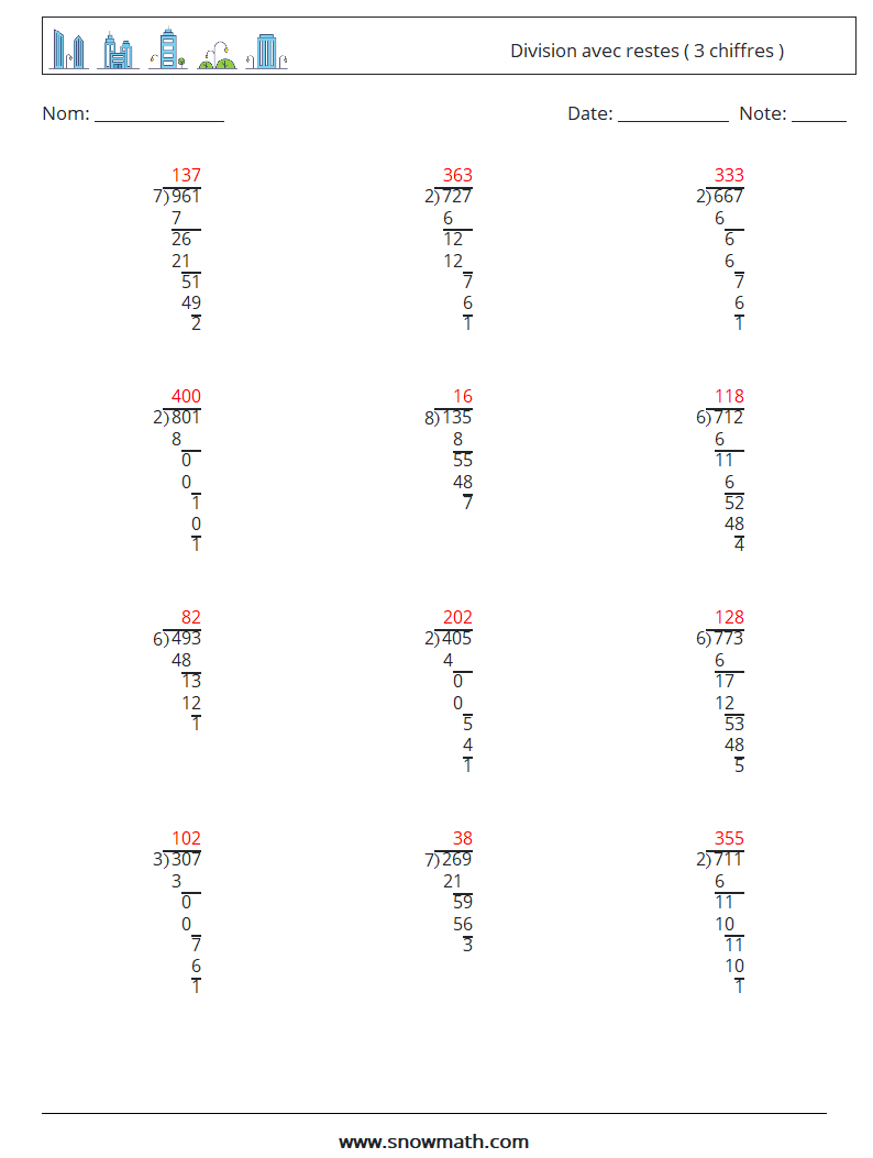 (12) Division avec restes ( 3 chiffres ) Fiches d'Exercices de Mathématiques 10 Question, Réponse