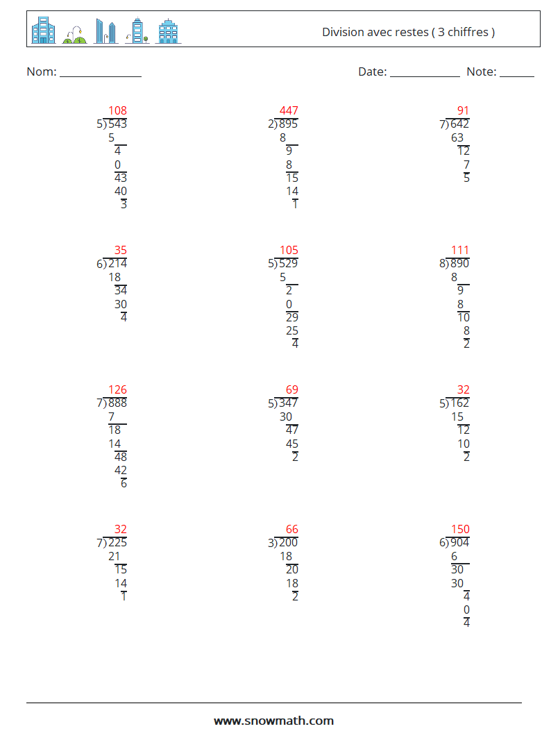(12) Division avec restes ( 3 chiffres ) Fiches d'Exercices de Mathématiques 11 Question, Réponse