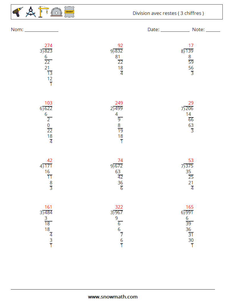 (12) Division avec restes ( 3 chiffres ) Fiches d'Exercices de Mathématiques 12 Question, Réponse