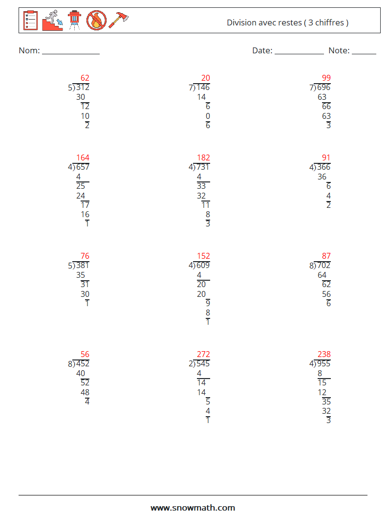 (12) Division avec restes ( 3 chiffres ) Fiches d'Exercices de Mathématiques 13 Question, Réponse