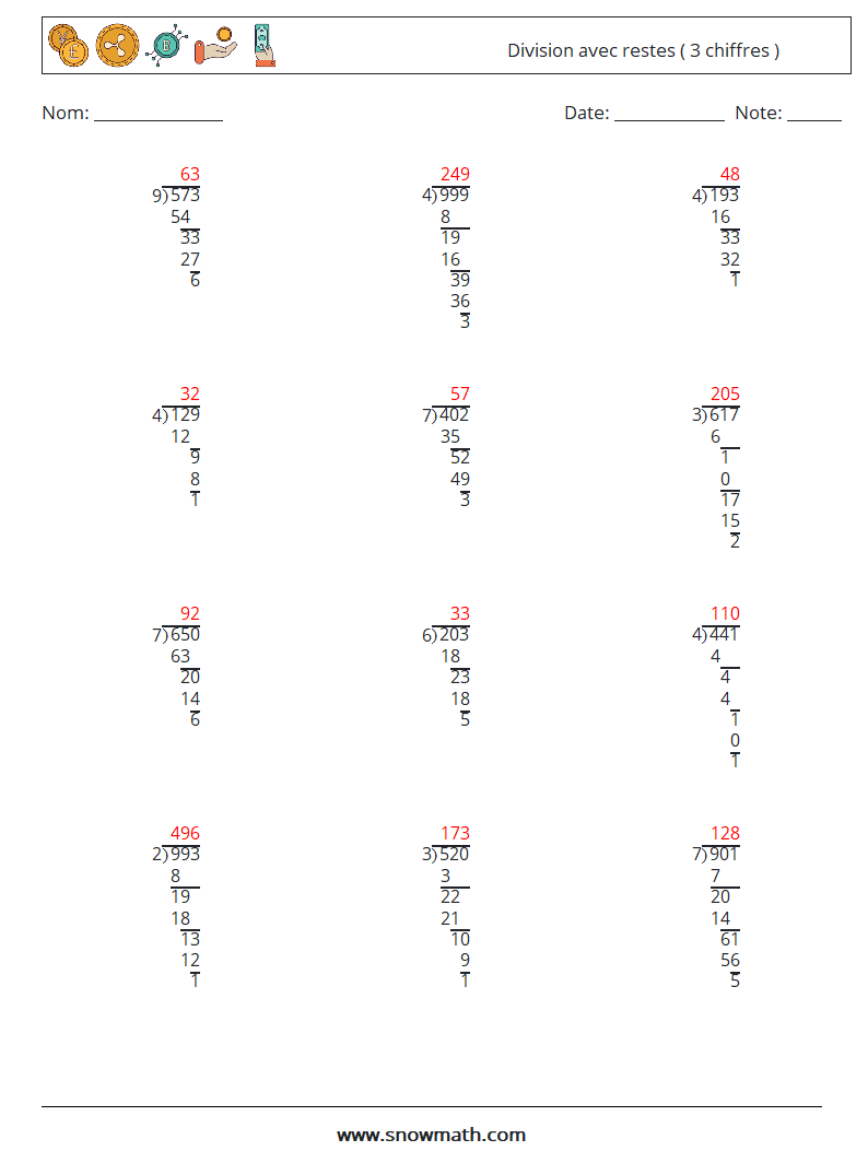 (12) Division avec restes ( 3 chiffres ) Fiches d'Exercices de Mathématiques 14 Question, Réponse