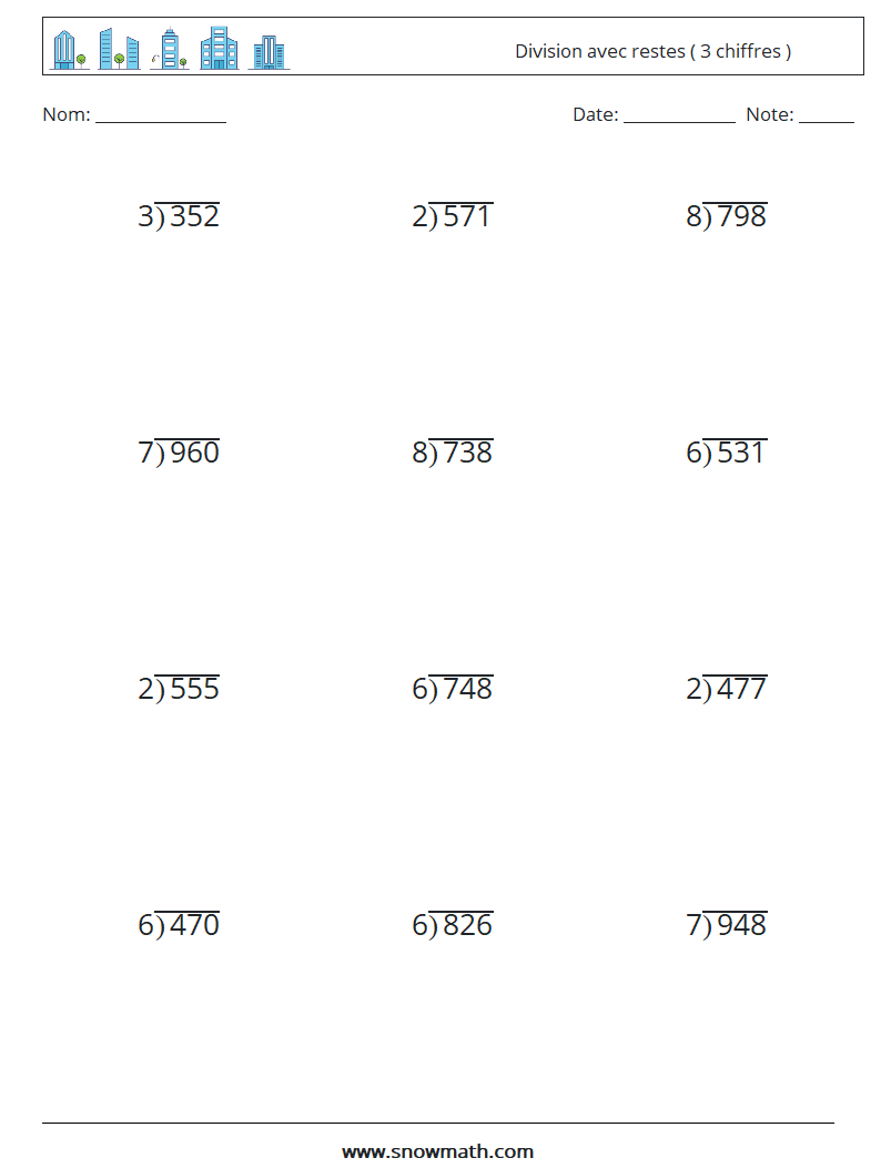 (12) Division avec restes ( 3 chiffres ) Fiches d'Exercices de Mathématiques 15