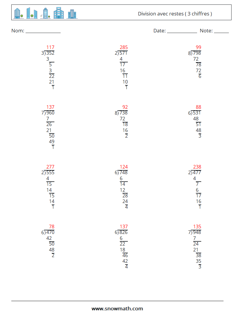 (12) Division avec restes ( 3 chiffres ) Fiches d'Exercices de Mathématiques 15 Question, Réponse