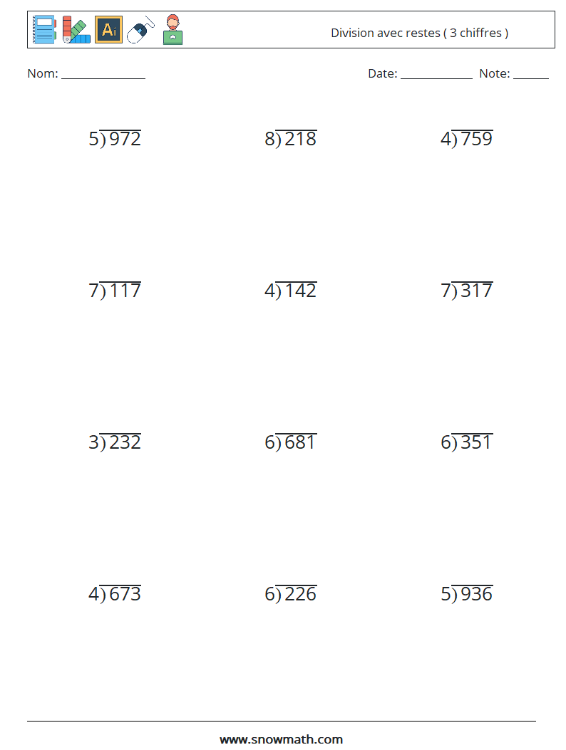 (12) Division avec restes ( 3 chiffres ) Fiches d'Exercices de Mathématiques 16