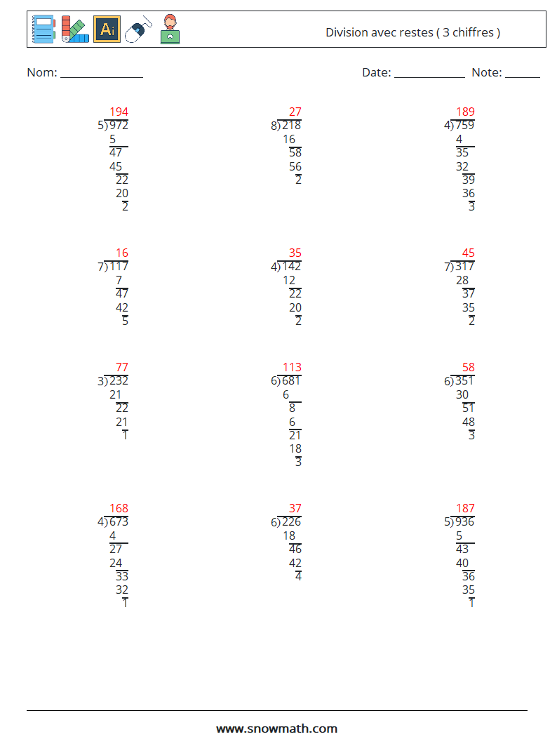 (12) Division avec restes ( 3 chiffres ) Fiches d'Exercices de Mathématiques 16 Question, Réponse
