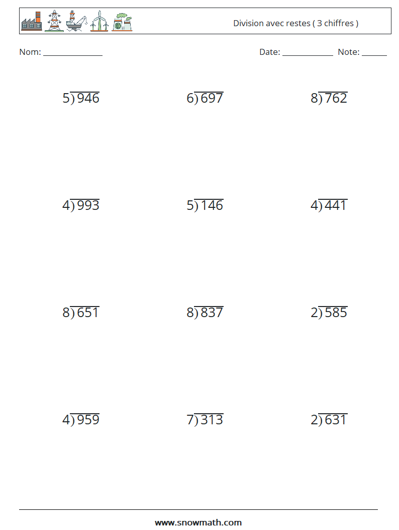 (12) Division avec restes ( 3 chiffres ) Fiches d'Exercices de Mathématiques 17