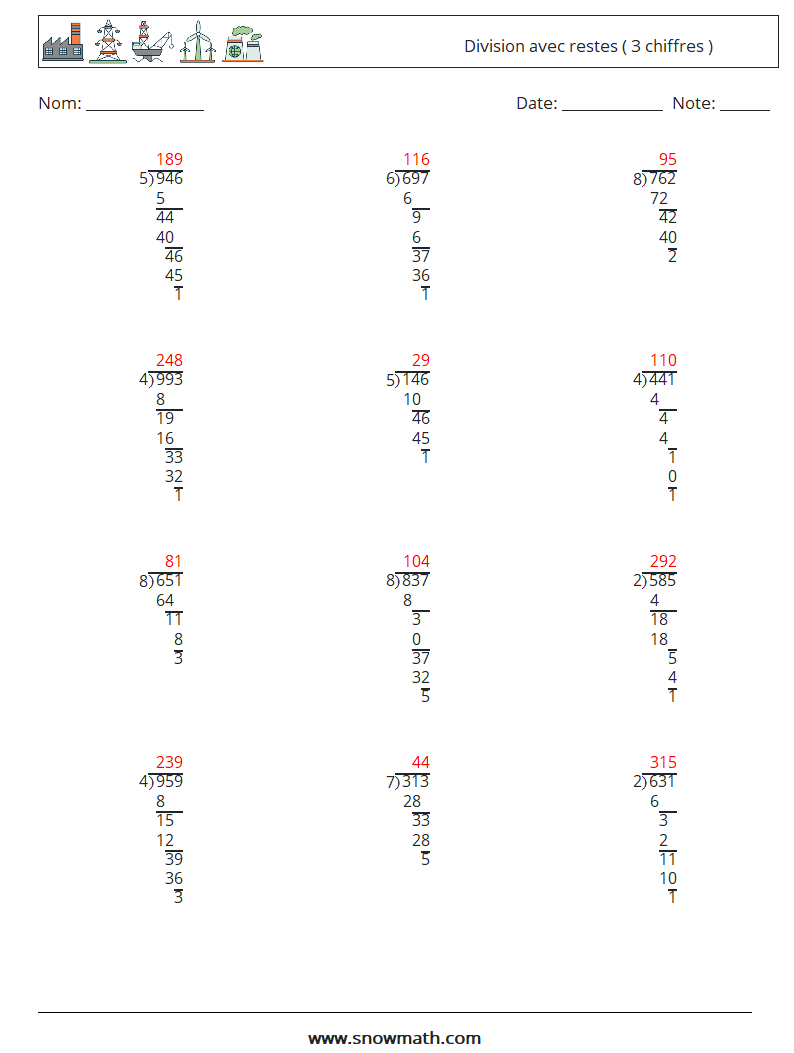 (12) Division avec restes ( 3 chiffres ) Fiches d'Exercices de Mathématiques 17 Question, Réponse