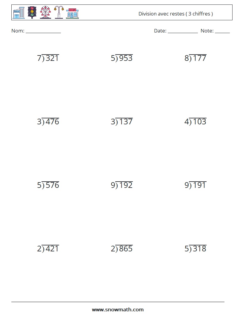 (12) Division avec restes ( 3 chiffres ) Fiches d'Exercices de Mathématiques 18