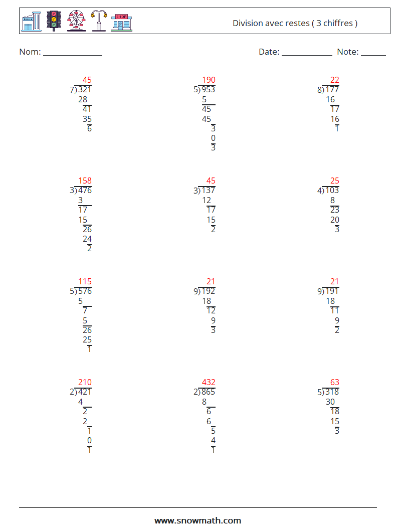 (12) Division avec restes ( 3 chiffres ) Fiches d'Exercices de Mathématiques 18 Question, Réponse