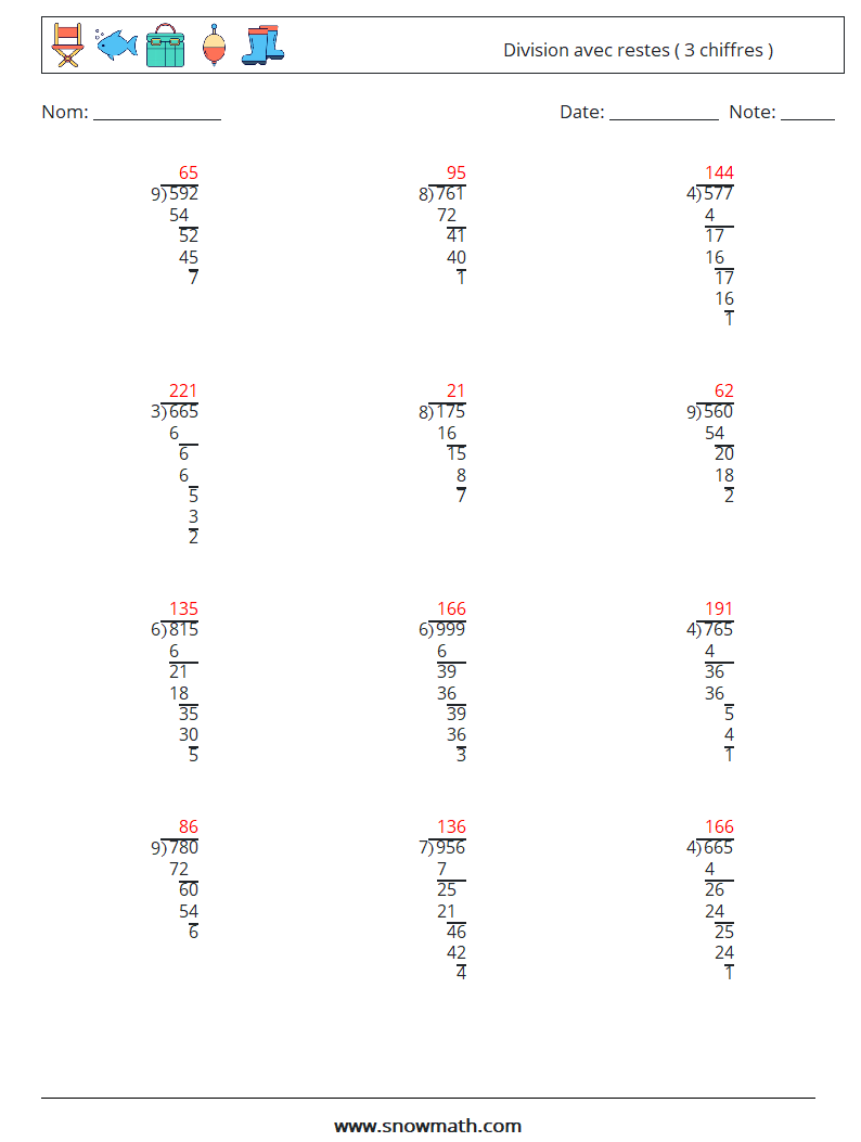 (12) Division avec restes ( 3 chiffres ) Fiches d'Exercices de Mathématiques 2 Question, Réponse