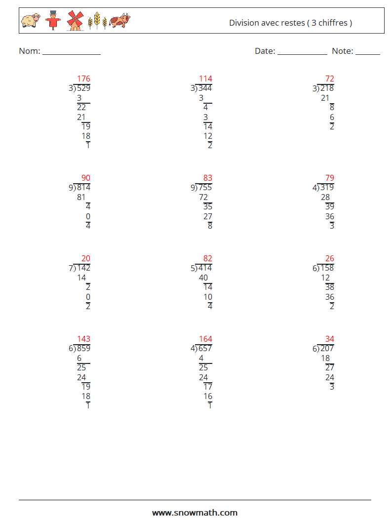 (12) Division avec restes ( 3 chiffres ) Fiches d'Exercices de Mathématiques 3 Question, Réponse