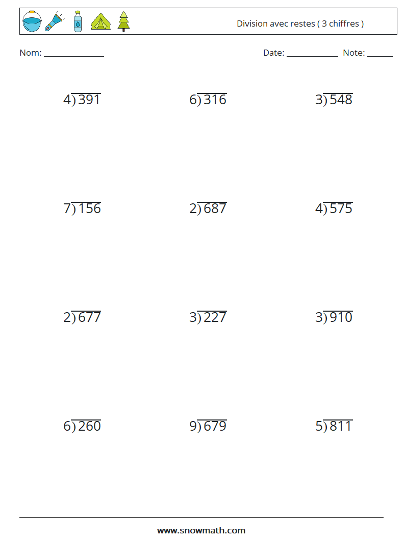 (12) Division avec restes ( 3 chiffres ) Fiches d'Exercices de Mathématiques 5